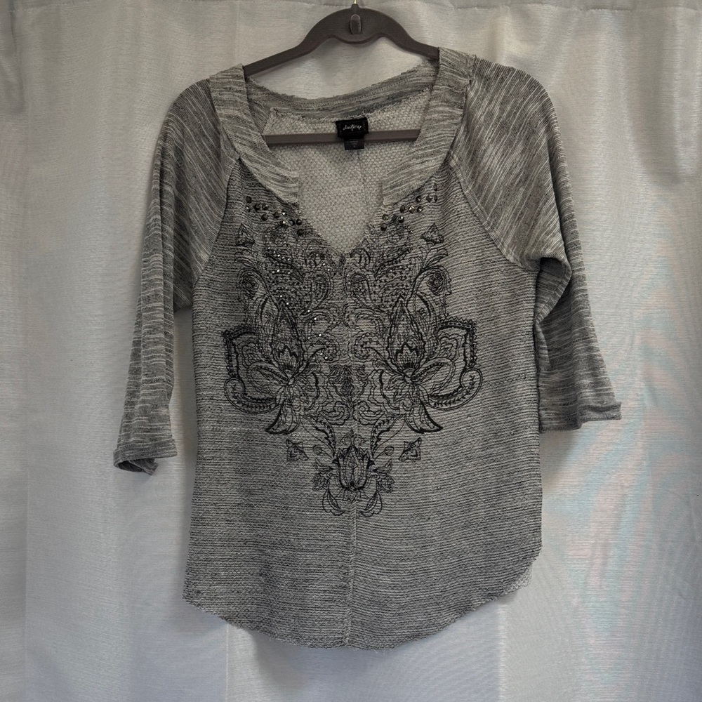 Daytrip Heather Gray Long Sleeve Top with Floral Embellishment